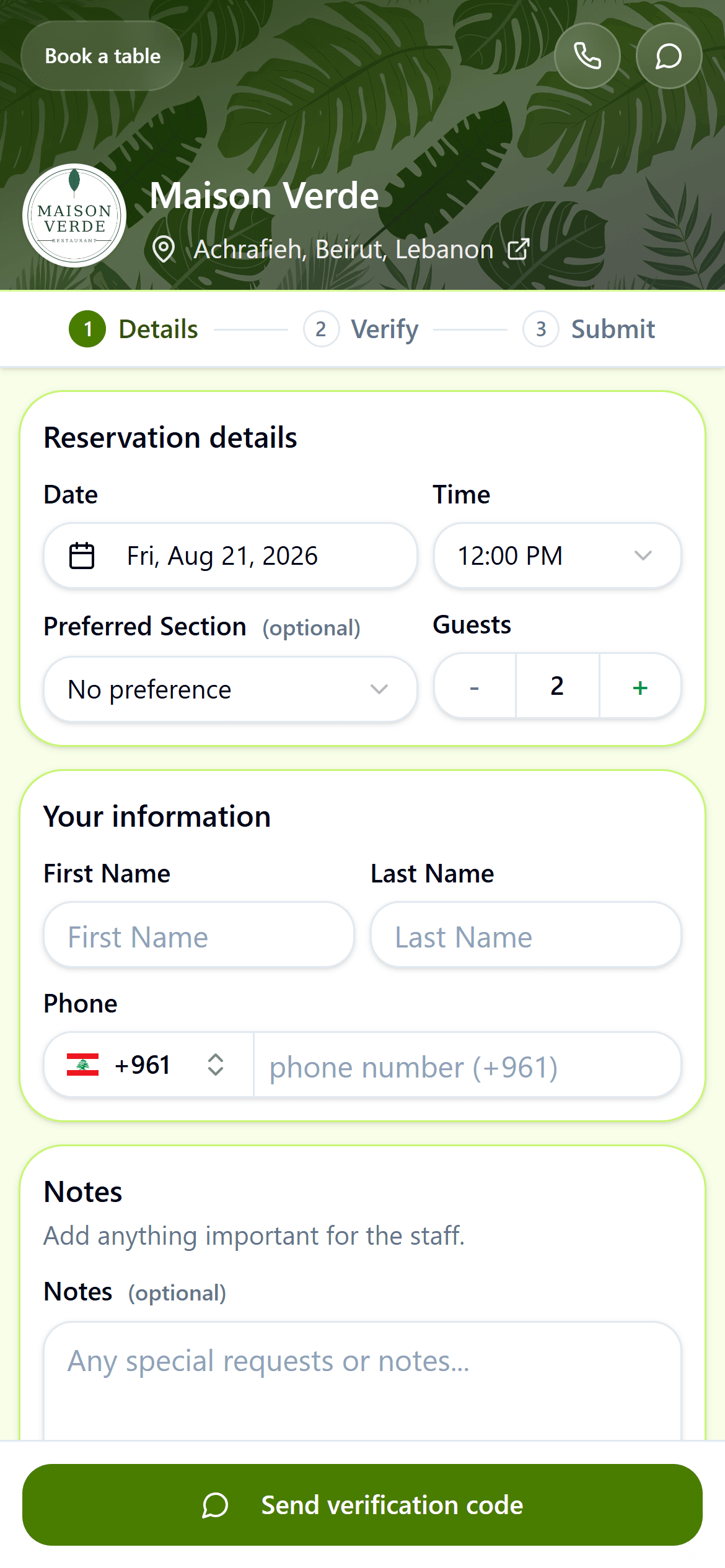 A restaurant's online mobile booking experience powered by Patronist